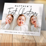 Cartes Pour Fêtes Annuelles Premier Noël de bébé moderne simple trois photos<br><div class="desc">Le design à l'avant consiste en une typographie cursive joueuse de "Premier Noël". Ajoutez des photos personnalisées de votre nouveau bébé et ajoutez le nom du bébé et de la famille. Ce design est moderne,  chic,  ludique et amusant.</div>
