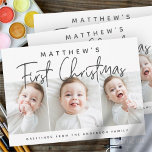 Cartes Pour Fêtes Annuelles Premier Noël de bébé moderne simple trois photos<br><div class="desc">Le design à l'avant consiste en une typographie cursive joueuse de "Premier Noël". Ajoutez des photos personnalisées de votre nouveau bébé et ajoutez le nom du bébé et de la famille. Ce design est moderne,  chic,  ludique et amusant.</div>
