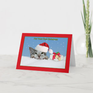 Cartes Pour Fêtes Annuelles Premier Noël du bébé, chat dans la neige