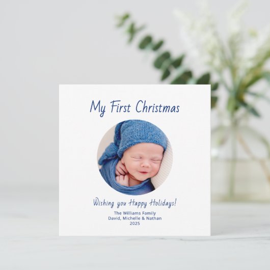 Cartes Pour Fêtes Annuelles Premier Noël mignon bébé garçon photo bleu (Debout devant)
