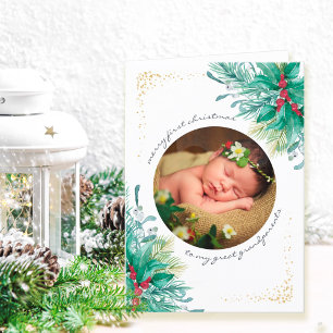 Cartes Pour Fêtes Annuelles Première photo de bébé au Noël avec houx et gui