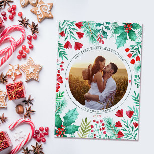 Cartes Pour Fêtes Annuelles Première photo de Noël Engagé Couple photo aquarel