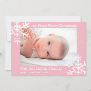Cartes Pour Fêtes Annuelles Première photo rose de Noël de bébé avec des floco