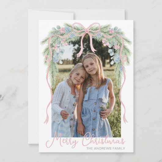 Cartes Pour Fêtes Annuelles Preppy Grandmillennial Christmas Bow Swag Photo (Devant)