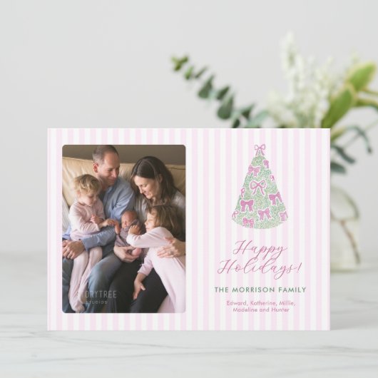 Cartes Pour Fêtes Annuelles Preppy Plum Hand-Drawn Bows Christmas Tree Photo (Debout devant)