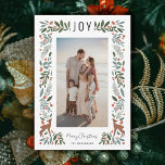 Cartes Pour Fêtes Annuelles Pretty Frame Little Deer | White | Vertical Photo<br><div class="desc">This gorgeous photo holiday card features a detailed foliage frame, which includes leaves, pine boughs, berries, and two cute little deer, along with simple typography at the top reading, "JOY." Both the photo template and card orientation are vertical. Easy to personalize for stylish cards to send to family and friends!...</div>
