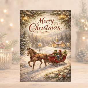 Cartes Pour Fêtes Annuelles Promenade en traîneau enneigé vintage Joyeux Noël