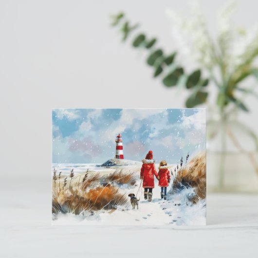 Cartes Pour Fêtes Annuelles Promenade hivernale sur la plage avec chien jusqu' (Debout devant)