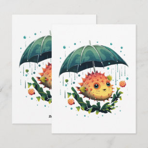 Cartes Pour Fêtes Annuelles Puffer Fish Rainy Day avec parapluie