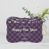 Cartes Pour Fêtes Annuelles Purple Buffalo Plaid String Lights New Year Card (Debout devant)