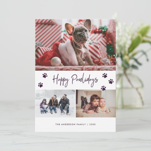 Cartes Pour Fêtes Annuelles Purple Empreinte de patte Photo Collage Joyeux Paw (Debout devant)