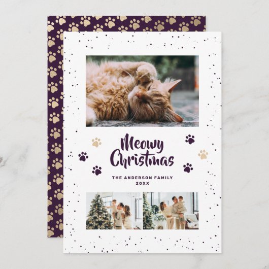 Cartes Pour Fêtes Annuelles Purple Gold Photo Snow Paws Meowy Christmas Card (Devant / Derrière)