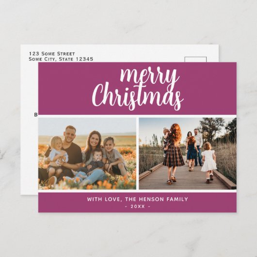 Cartes Pour Fêtes Annuelles Purple Joyeux Noël Famille 2 Photo (Devant / Derrière)