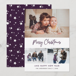Cartes Pour Fêtes Annuelles Purple Script Stars Christmas 3 Photo Collage