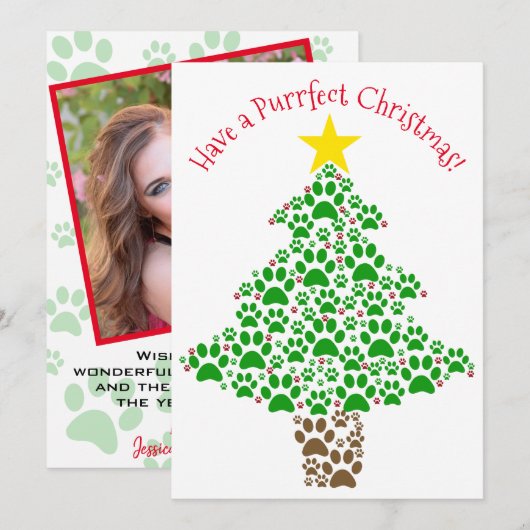 Cartes Pour Fêtes Annuelles Purrffect Christmas mignon Chat Empreinte de patte (Devant / Derrière)