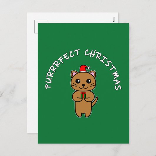 Cartes Pour Fêtes Annuelles PURRRFECT NOËL - Écriture Brown Chat & Blanc 2 (Devant / Derrière)