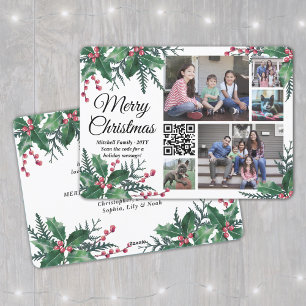 Cartes Pour Fêtes Annuelles QR Code Christmas Holly Greenery 5 Photo Collage