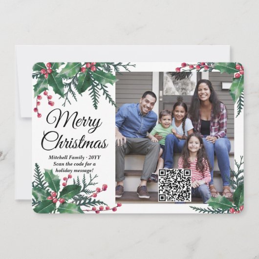 Cartes Pour Fêtes Annuelles QR Code Joyeux Noël Holly Greenery Une photo (Devant)