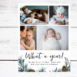 Cartes Pour Fêtes Annuelles Quel an de revue Famille moderne Photo Collage<br><div class="desc">Cette carte postale de collage multi photo de vacances est une façon élégante de présenter vos meilleures photos de famille de l'année passée. Avec 4 de vos photos avec un script de brosse manuscrit qui dit "Quelle année" et la verdure des vacances de pins bleus. Une excellente façon de partager...</div>