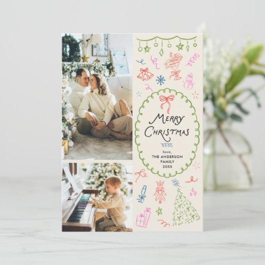 Cartes Pour Fêtes Annuelles Quirky Boho Main tiré Joyeux Noël 2 Photo (Debout devant)
