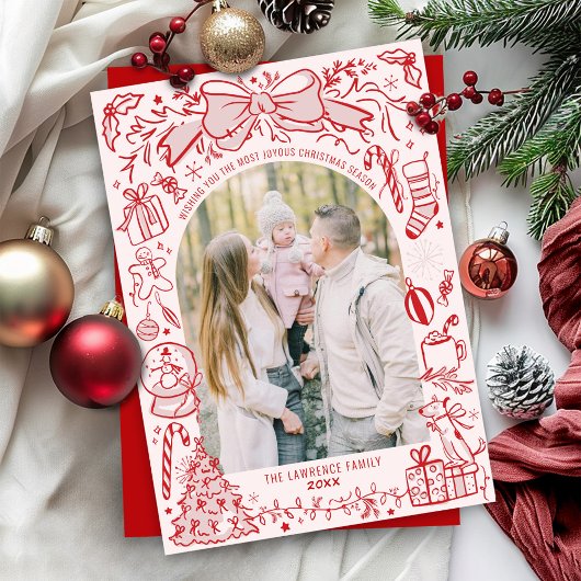 Cartes Pour Fêtes Annuelles Quirky Hand Drawn Bow Pink and Red Photo Christmas