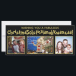 Cartes Pour Fêtes Annuelles Quirky Politiquement Correct 3 Photo Noir & Or<br><div class="desc">Cette drôle de carte de vacances politiquement correcte couvre toutes les bases. Le message d'accueil dit "Je vous souhaite une fabuleuse NoëlSolstiqueHanukKwanzaa !" - en mélangeant les mots Solstice de Noël, Hanoukka et Kwanzaa en un mot. Le texte est écrit une police d'or fantaisiste avec un arrière - plan noir,...</div>