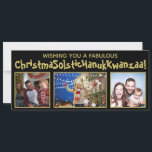 Cartes Pour Fêtes Annuelles Quirky Politiquement Correct 3 Photo Noir & Or<br><div class="desc">Cette drôle de carte de vacances politiquement correcte couvre toutes les bases. Le message d'accueil dit "Je vous souhaite une fabuleuse NoëlSolstiqueHanukKwanzaa !" - en mélangeant les mots Solstice de Noël, Hanoukka et Kwanzaa en un mot. Le texte est écrit une police d'or fantaisiste avec un arrière - plan noir,...</div>