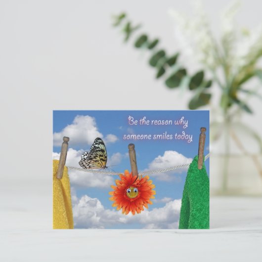 Cartes Pour Fêtes Annuelles Quota with butterfly and daisy on clothesline (Debout devant)