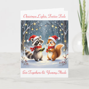 Cartes Pour Fêtes Annuelles Raccoon et écureuil suspendus lumières de Noël