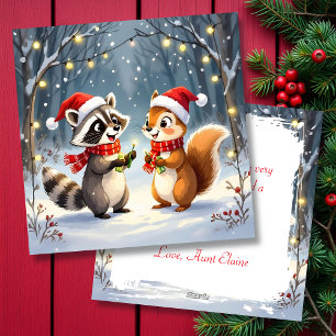 Cartes Pour Fêtes Annuelles Raccoon et écureuil suspendus lumières de Noël