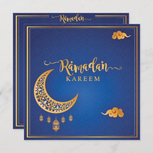 Cartes Pour Fêtes Annuelles Ramadan customisé Kareem Moubarak Bleu & Golden II (Devant / Derrière)