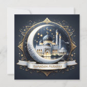 Cartes Pour Fêtes Annuelles Ramadan Moubarak Musulman Mosquée Bleu Marine Doré (Devant)