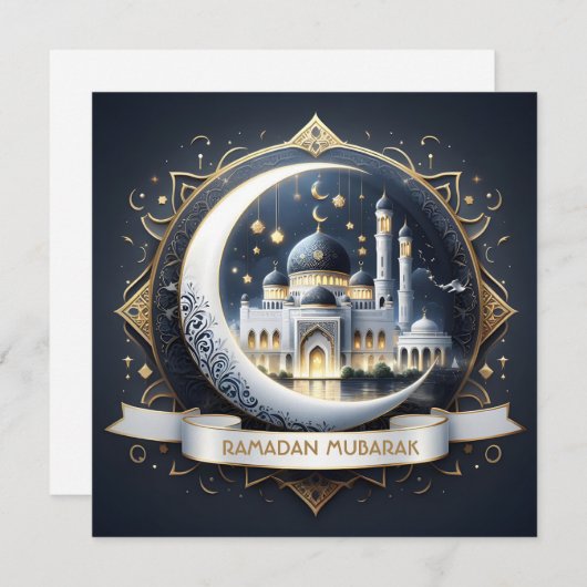 Cartes Pour Fêtes Annuelles Ramadan Moubarak Musulman Mosquée Bleu Nuit Or (Devant / Derrière)
