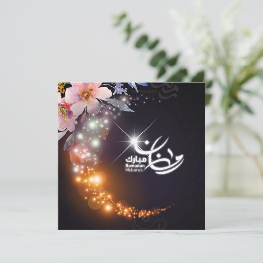 Cartes Pour Fêtes Annuelles Ramadan Mubarak Croissant brillant Fleurs roses (Debout devant)