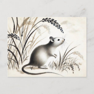 Cartes Pour Fêtes Annuelles Rat rusé sous une plante de riz. zodiaque à l'encr