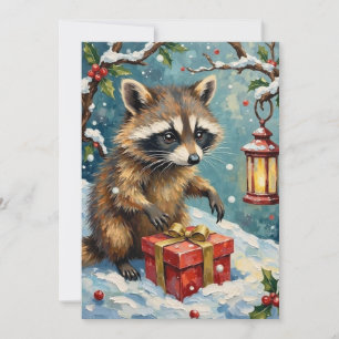 Cartes Pour Fêtes Annuelles Raton laveur vintage ouvrant une boîte cadeau de N