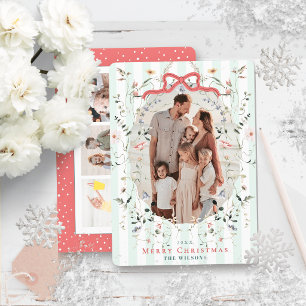 Cartes Pour Fêtes Annuelles Rayures de menthe et fleurs de Noël avec un nœud r
