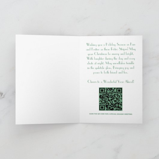 Cartes Pour Fêtes Annuelles Rayures verticales rouges rétro, fond vert, flocon (Intérieur)