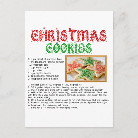 Cartes Pour Fêtes Annuelles Recette Cookies de Noël (Devant)