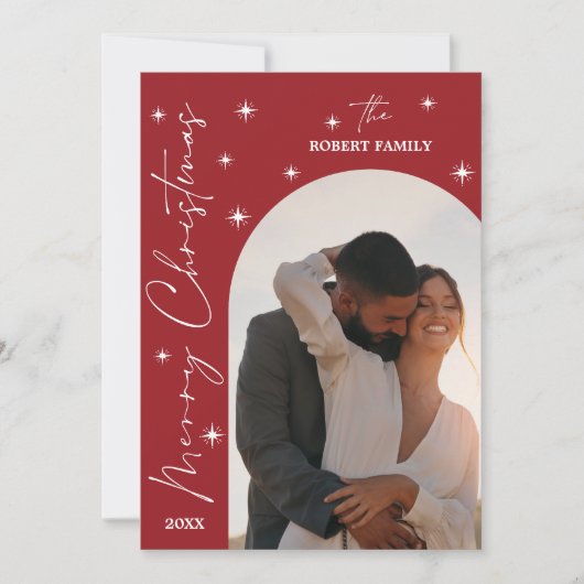 Cartes Pour Fêtes Annuelles Red Arch Modern Script 2 Photo Joyeux Noël (Devant)