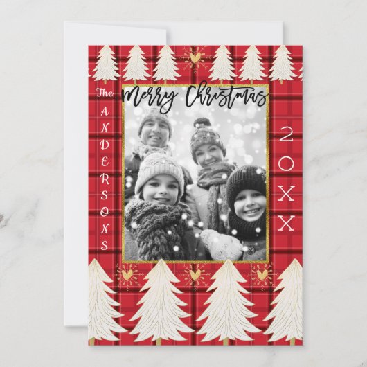 Cartes Pour Fêtes Annuelles Red Black Plaid & White Trees Rustic Holiday Photo (Devant)