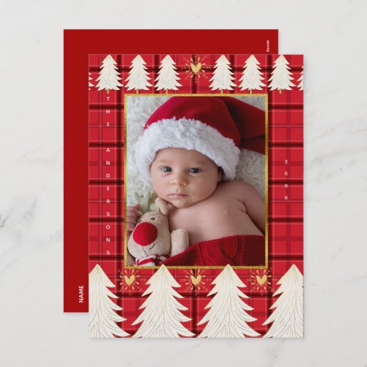 Cartes Pour Fêtes Annuelles Red Black Plaid & White Trees Rustic Holiday Photo (Devant / Derrière)