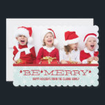 CARTES POUR FÊTES ANNUELLES RED BLUE, BE MERRY | HOLIDAY PHOTO CARD<br><div class="desc">RED, BLUE AND WHITE, BE MERRY HOLIDAY PHOTO CARD. ELKE CLARKE© FOR MONOGRAM GALLERY. Send out your Christmas greetings to your friends and family using this fun, contemporary holiday card with photo. "BE MERRY". The light blue snowflake background pattern adds a touch of whimsy to your personalized red and blue...</div>