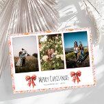 Cartes Pour Fêtes Annuelles Red Bow Coquette Floral Christmas Photo Collage<br><div class="desc">Arc rouge moderne et minimaliste et thème floral élégant Noël et vacances.</div>