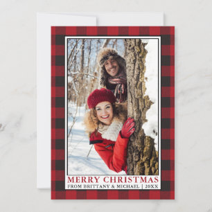 Cartes Pour Fêtes Annuelles Red Buffalo Plaid Couple encadré photo Noël