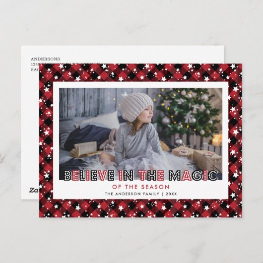 Cartes Pour Fêtes Annuelles Red Buffalo Plaid Neige Stars Croire Photo (Devant / Derrière)