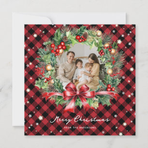 Cartes Pour Fêtes Annuelles Red Buffalo Plaid Wreath Stars Photo Noël