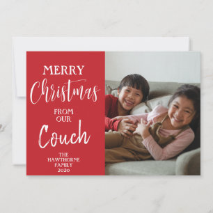Cartes Pour Fêtes Annuelles Red Custom Photo Quote: "Christmas from our Couch"