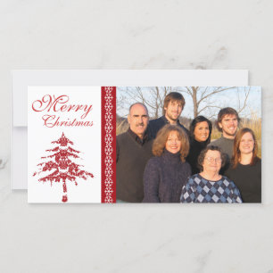Cartes Pour Fêtes Annuelles Red Damask Tree & Snowflakes Joyeux Noël