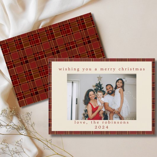Cartes Pour Fêtes Annuelles Red Gold En vichy Plaid Photo personnalisée Noël